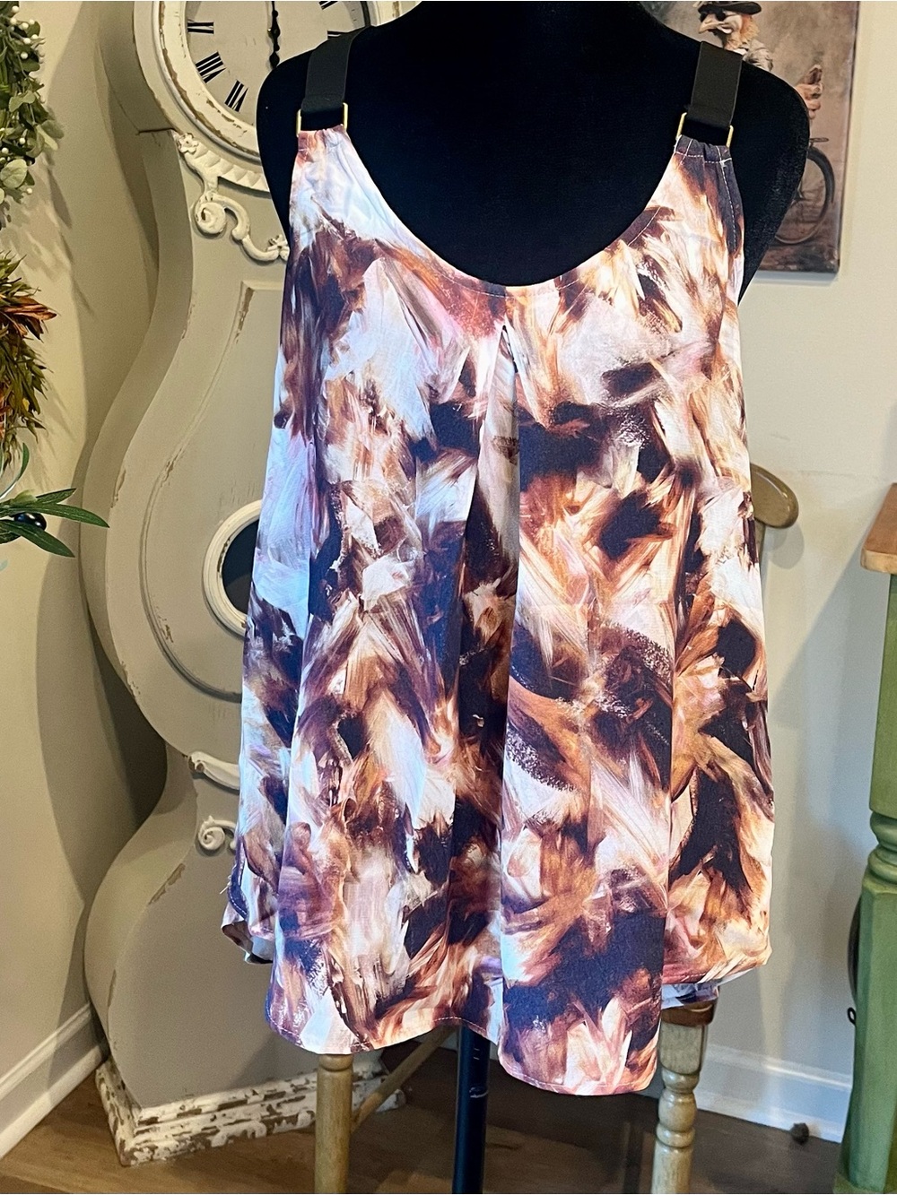 Matty M Abstract Brushstroke Tank Top Brown/Rust/Cream Mix XS *See Note